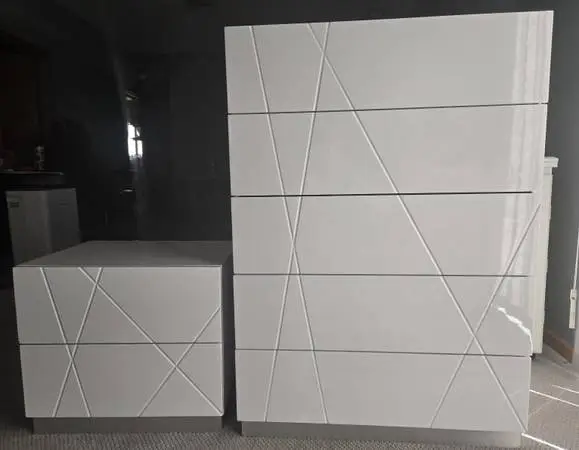 Glossy white dresser and nightstand