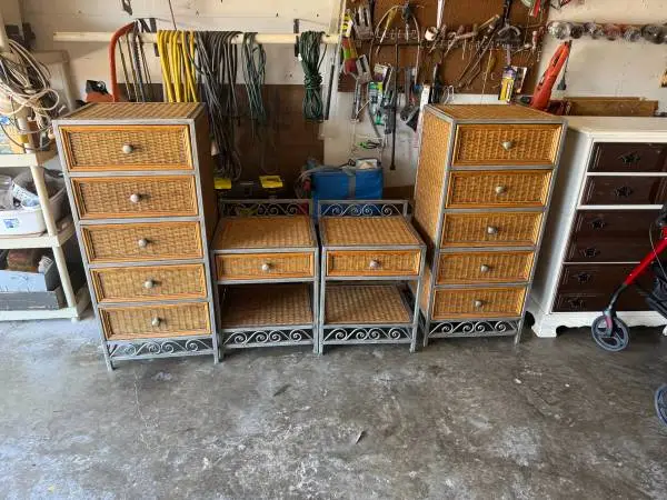 Wicker/Metal Chest of Drawers and 2 Matching Nightstands
