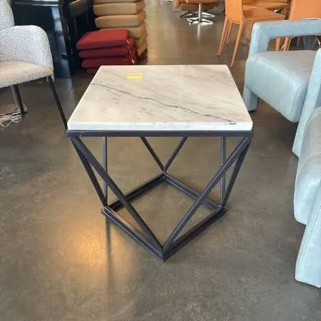 White Marble End Table W/ Black Metal Base - 22X22X23.5H