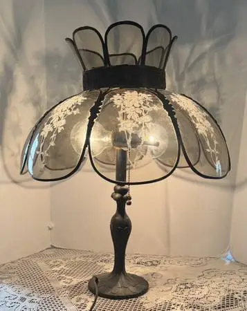 Vintage Brass Lamp with 8 Panel Glass Floral Shade