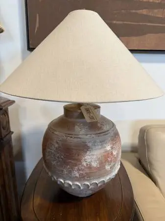 SW Style Pottery Lamp W/ Linen Shade- 23X29H- AS IS