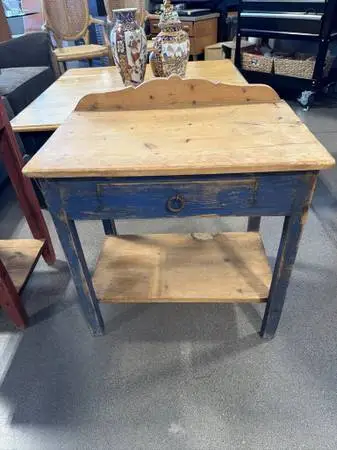 Distressed Blue Painted Side Table W/ Backsplash-16.5X26X28