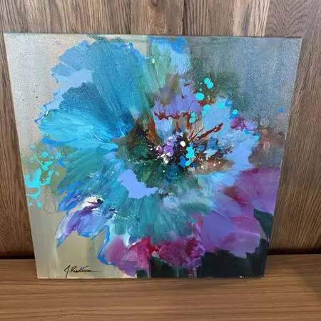 Original Abstract Teal Flower Splash - 20X20