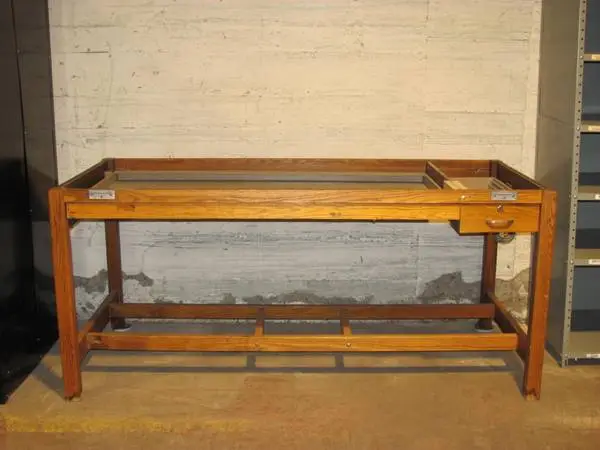 Vintage oak drafting table desk base w/two drawers (NO TOP, BASE ONLY)