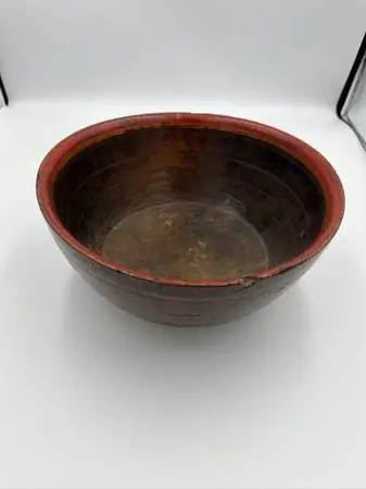Vintage Asian Painted Round Wood Bowl-10X10X4.5