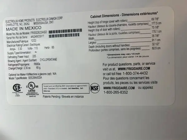 Frigidaire side by side