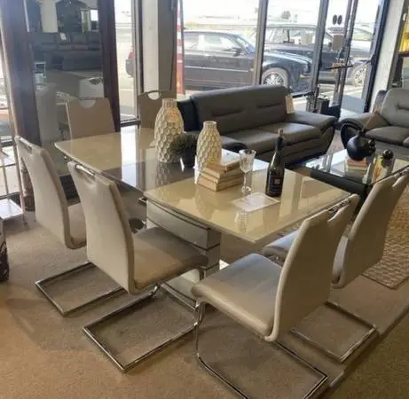 Glass Dining Table Set With 6 Chairs & Self Storing Extension Leaf