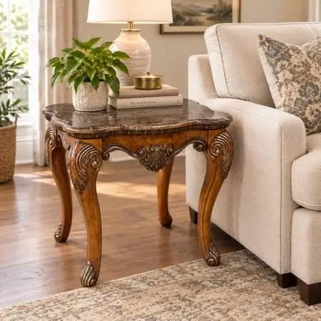 Stunning Traditional Solid Wood End Table with Real Marble Top. Pickup Escondido
