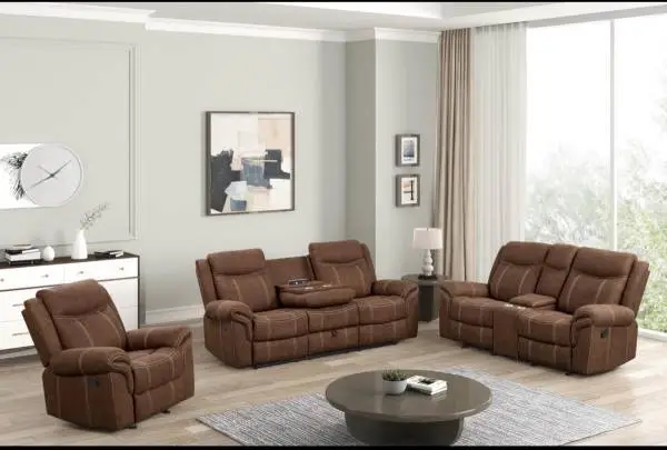Brown Fabric Reclining Sofa Set – 3 Piece