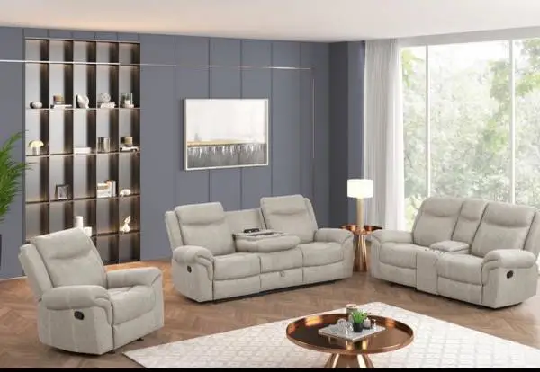 3-Piece Reclining Sofa Set in Light Gray Fabric