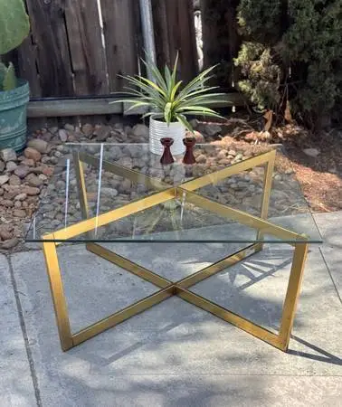 West Elm Mid Century Modern Brass & Glass X-Base Coffee Table