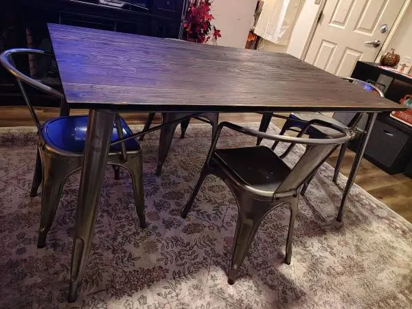 Industrial Metal Table Set with Rustic Wood Top & 4 Stackable Bistro Chairs for
