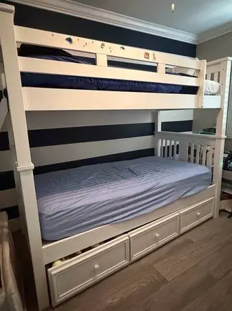 White Bunk Bed, Twin over Twin, Storage Drawers + Nearly New Mattresses