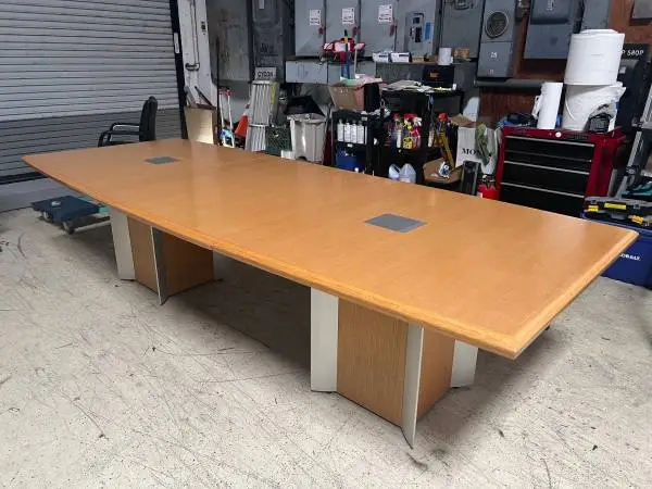 Krug 10 Ft Boat Shaped Table W/ (2) Power Modules. Oak On Rift Wood