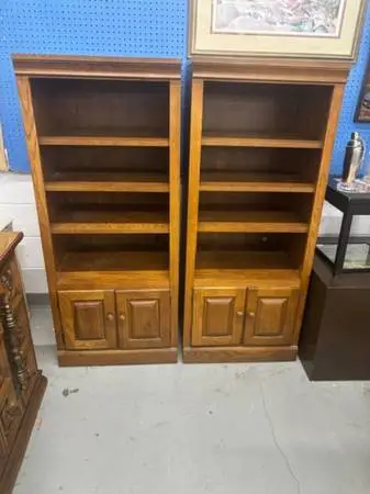 2 - Very heavy solid Oak - 5 tier shelves w/storage