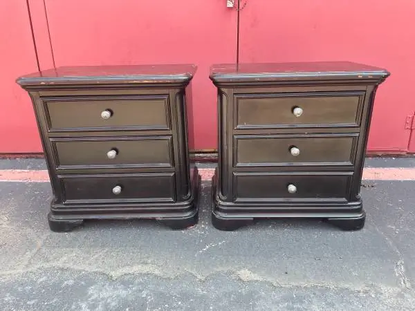 Two tall wood three drawer night stands bed side end tables
