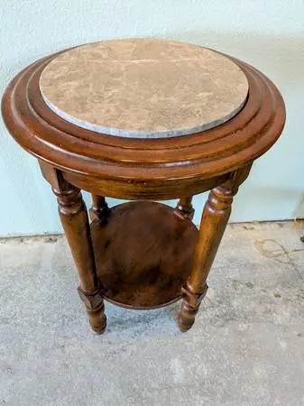 Polished Marble/Tropical Hardwood Side Table or Plant Stand PERFECT!