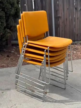 (Set of 6) Atomic Orange Vintage Mid Century Modern Stacking Chairs
