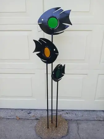 OUTDOOR/INDOOR METAL FISH STATUE WITH STAINED GLASS AND GRANITE BASE