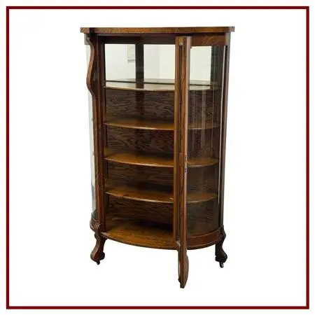 Victorian Quarter-sawn Tiger Oak Curved Glass Curio