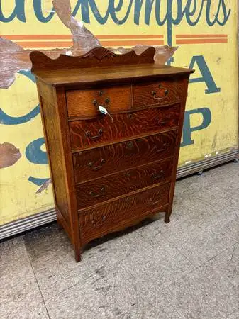 Antique solid tiger oak tall dresser featuring beautiful quarter-sawn grain and
