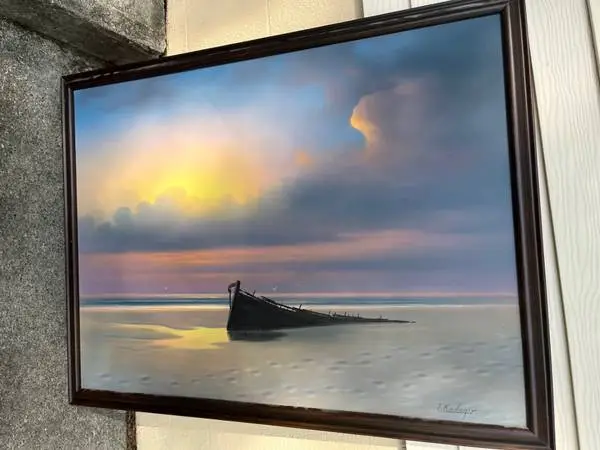 SEASCAPE  painting depicting a stranded shipwreck