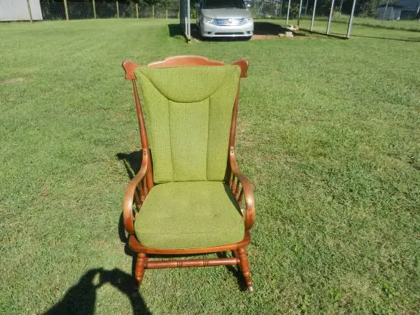 VINTAGE WOOD ROCKER WITH GREEN CUSHIONS -MUST SEE