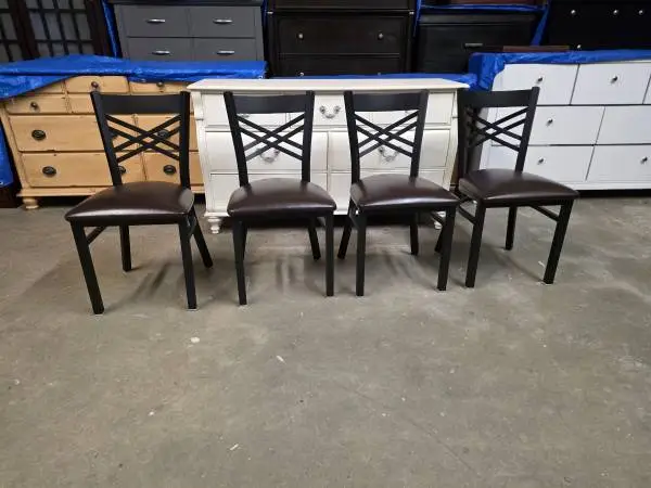 Set of 4 Black Metal / Brown Leather Chairs