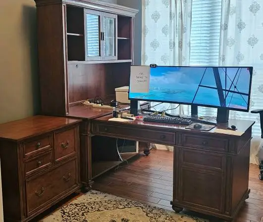Office: Double sided desk,  Desk, file cabinet, and hutch