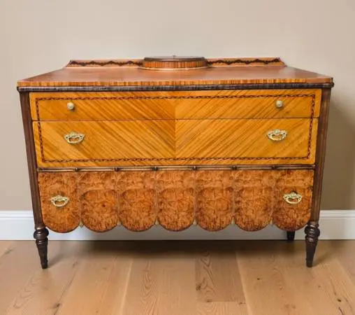 Stunning Antique Chevron & Burl Marquetry Inlaid Commode Chest of Draw