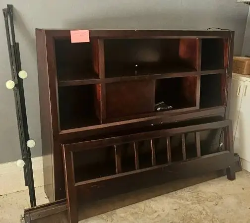 Queen bookcase headboard, footboard, rails, dresser, mirror