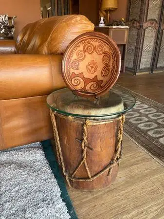 Vintage Authentic Mahogany Drum Accent / Side Table with Thick Glass Top