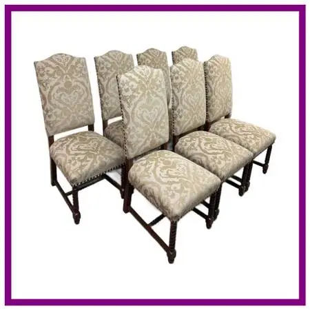 French Louis Xiii Style High Back Damask Dining Chairs, Set Of Seven