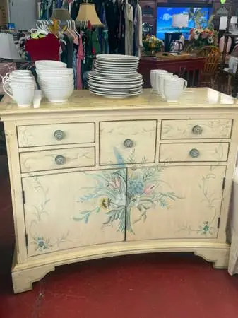 Vintage Hand-Painted Hand-Carved Bowfront Sideboard Cabinet / Credenza