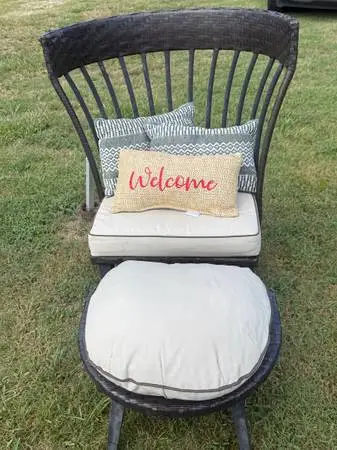 Outdoor Wicker Lounge Armchair with Matching Ottoman & Cushions