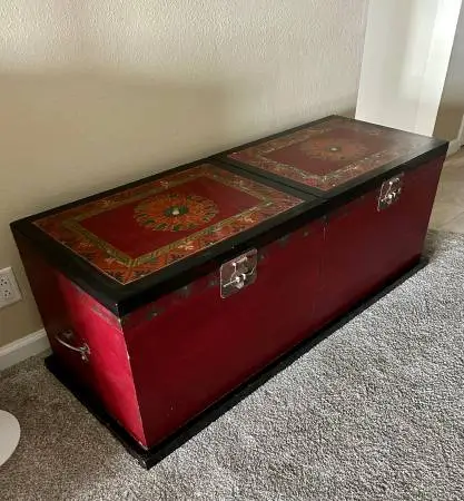Antique Boho  Red Wooden Trunk Double Size