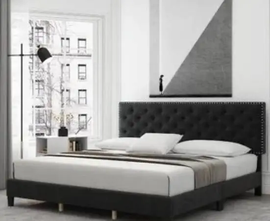 Queen Upholstered Bed and Mattress-Black Tufted Headboard