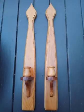 VINTAGE PAIR WOOD WALL CANDLE HOLDER SCONCES