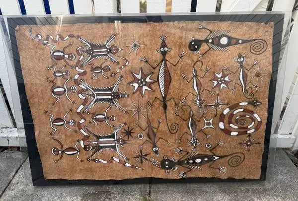 Australian Aboriginal Painting on Bark Encased in Lucite