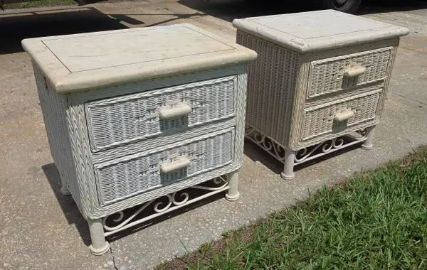 Pair of Wicker & Stone-Top 2-Drawer End Tables / Nightstands
