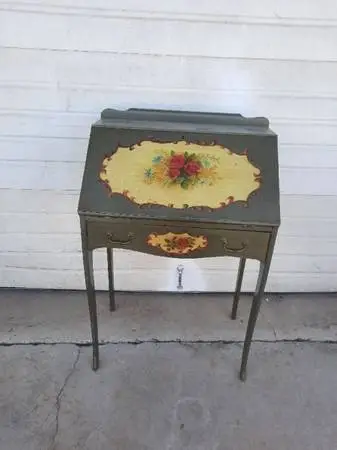French-Style Hand-Painted Slant-Front secretary floral desk