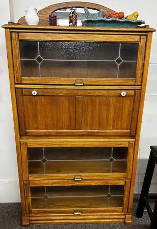 Solid Oak Leaded Glass Barrister Book Case / Drop Front Secretary Desk