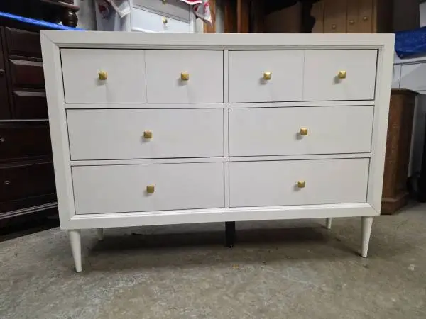 Modern White 6 Drawer Dresser with Gold Knobs