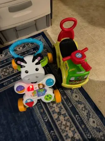 TODDLER TOD, Ride-on Car & Fisher-Price Zebra Walker (READ FULL DESCRIPTION