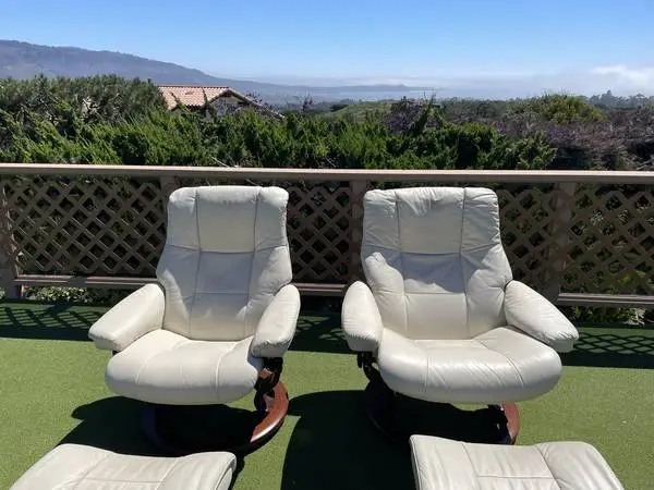 Matching Pair, White Leather, Danish Recliner Chairs & Ottomans