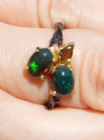 Natural Black Opal, Tourmaline Ring Sz6.75 custom, antique silver gold