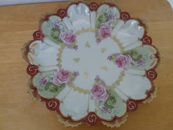 Antique Gold Rimmed Red Floral Bowl/Serving Plate