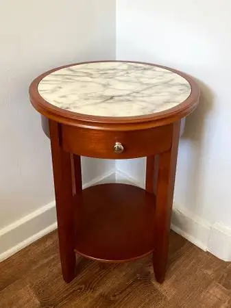 Round Faux-Marble Top Wood End Table