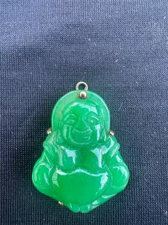 14K yellow gold green jade buddha pendant and bracelet