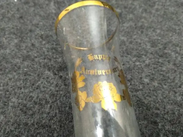 Clear Glass Happy Anniversary Bud Vase Gold Trim 6